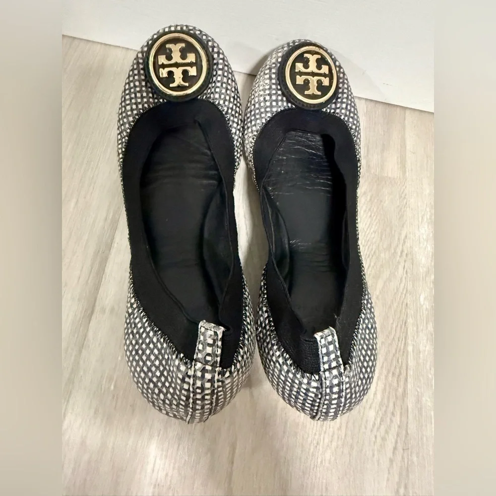 Tory Burch Ballet Flats Black White Checkered Logo Emblem Slip On Women US 5M